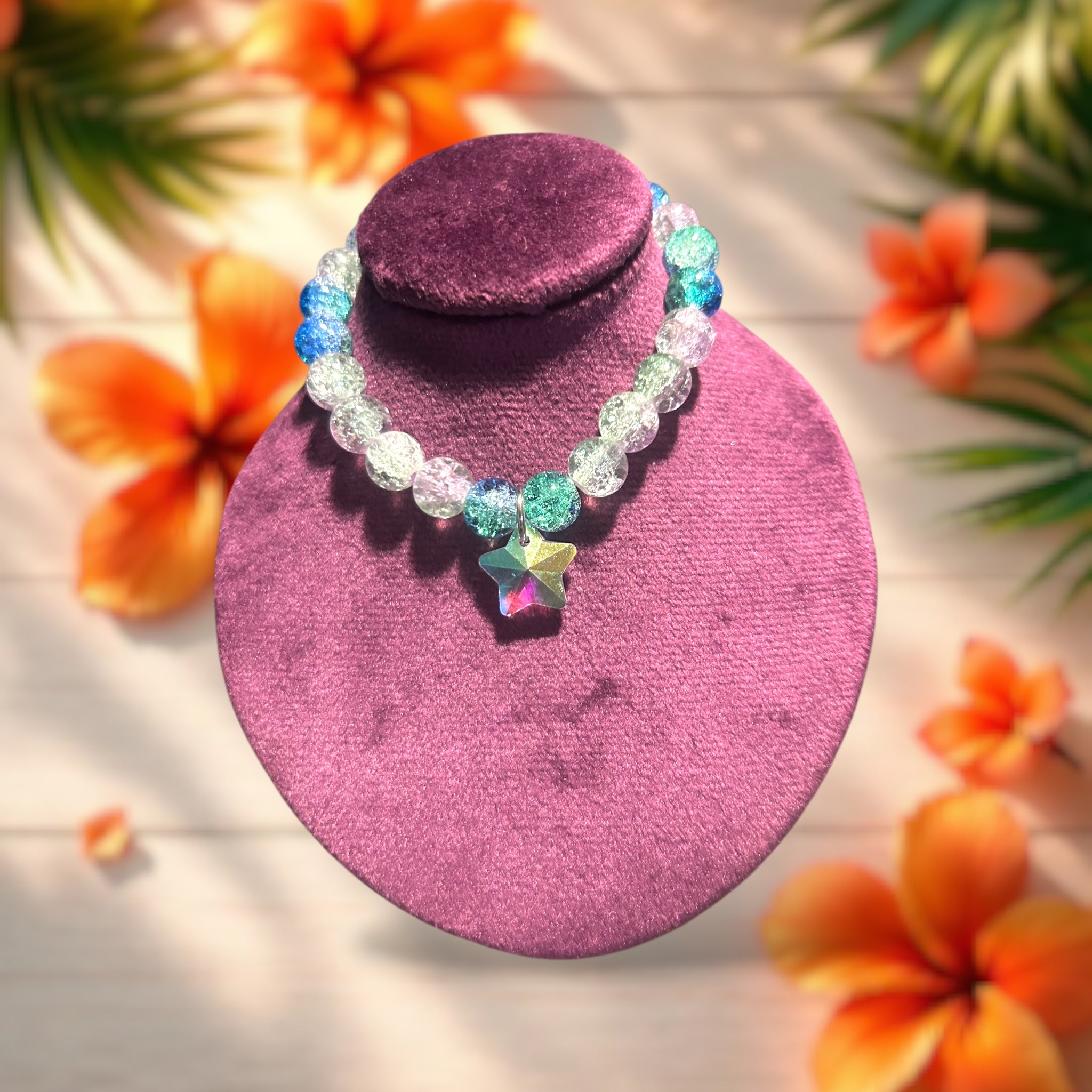 Blue and Green Crystal Star Glass Bead Bracelet