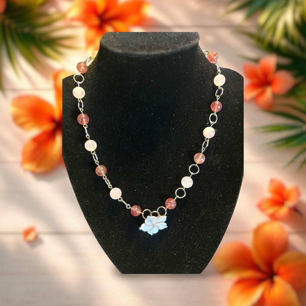 Rose Quartz and Strawberry Quartz Shell Necklace and Bracelet Duo