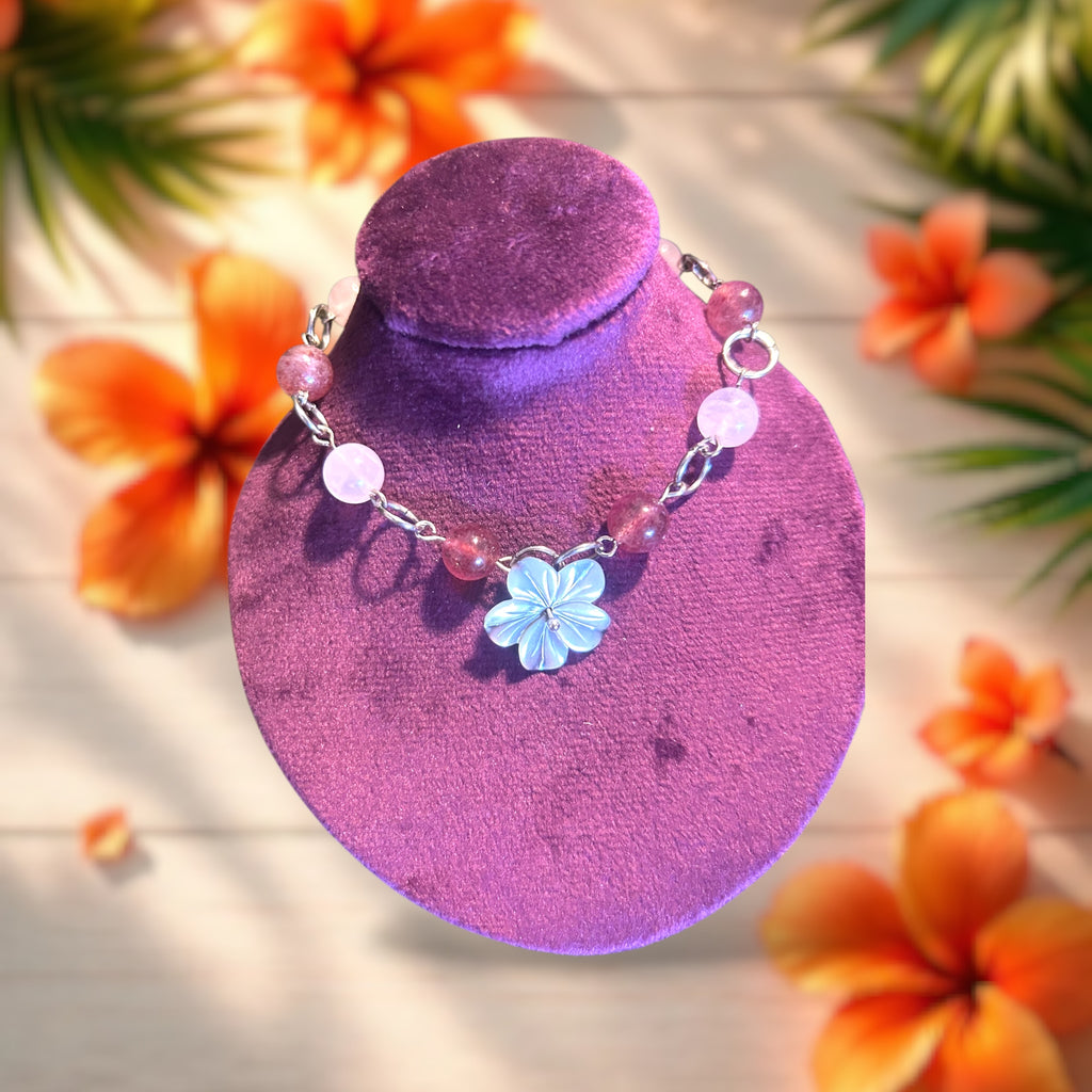 Rose Quartz and Strawberry Quartz Shell Necklace and Bracelet Duo