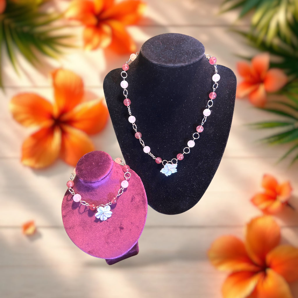 Rose Quartz and Strawberry Quartz Shell Necklace and Bracelet Duo