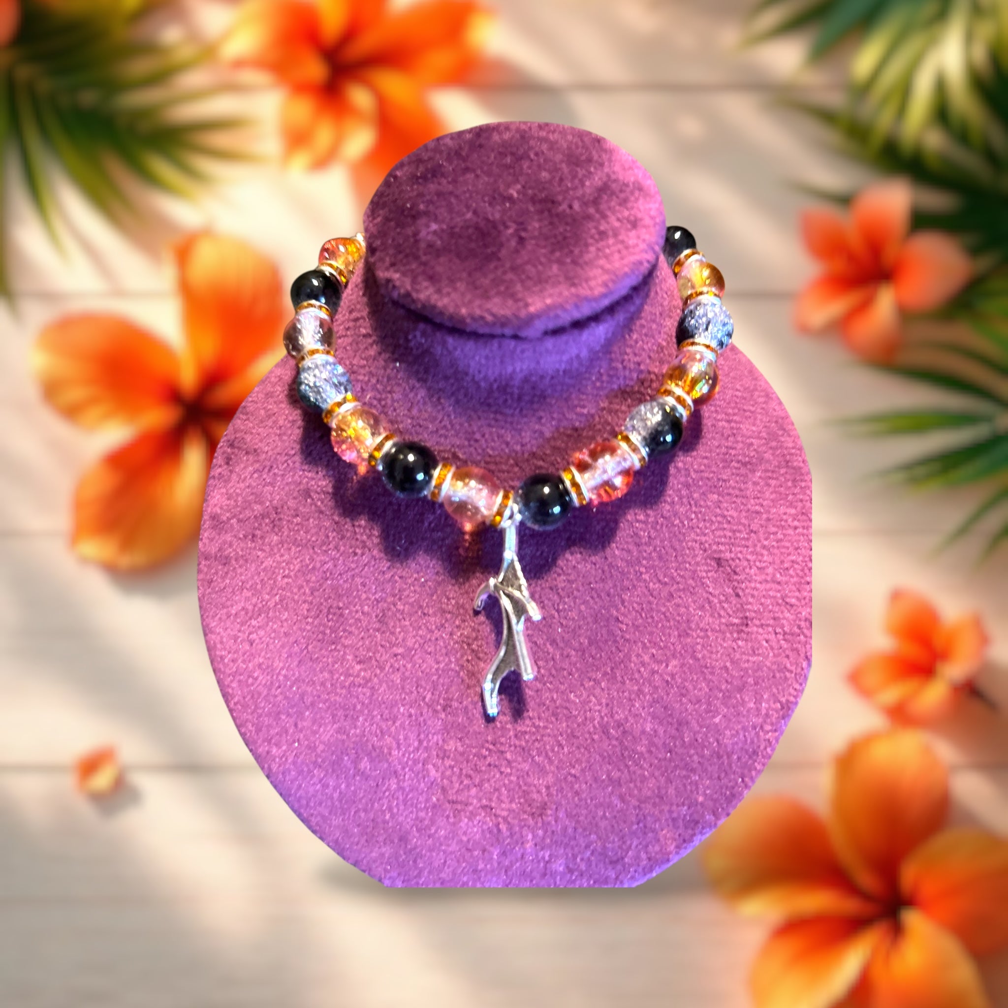 Orange Crackle Glass Bead Bracelet