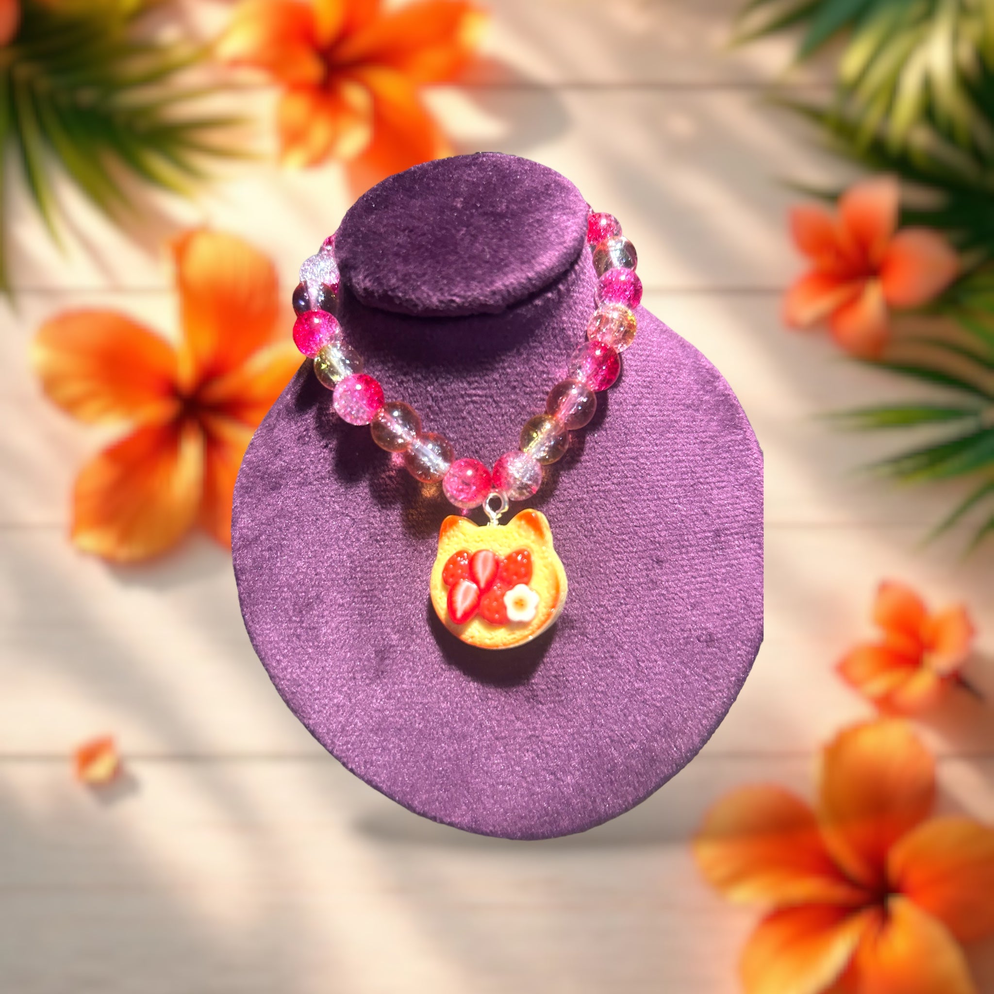 Strawberry Cat Glass Bead Bracelet